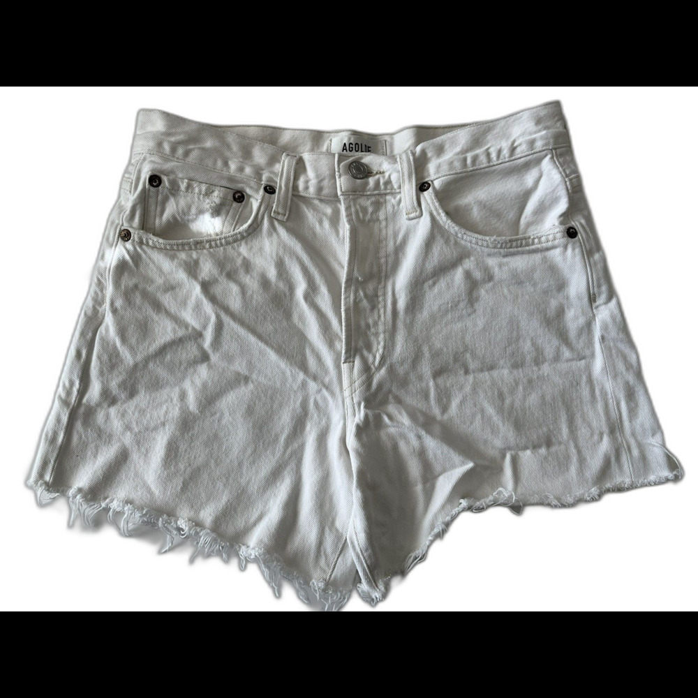 AGOLDE Parker Long Jean Shorts 25 Raw Hem White Denim Organic Cotton Button Fly
